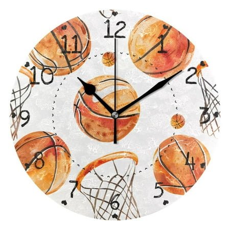 Watercolor Basketballs and Hoops Round Wall Clock Silent Analog Battery Operated Black Pointer Home Decor 9.84 Diameter