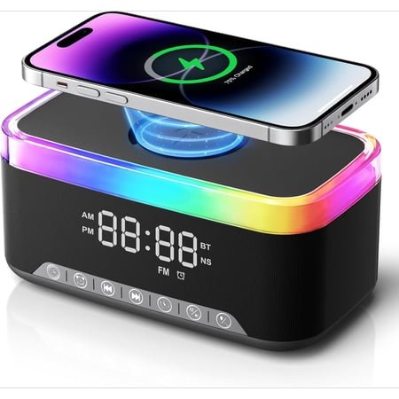 Wireless Charging Alarm Clock Radio for Bedrooms – 15W Fast Wireless Charger Station for iPhone/Samsung, Bluetooth Stereo Speaker with FM Radio, Dimmable Display, USB Port, Sleep Timer, Black