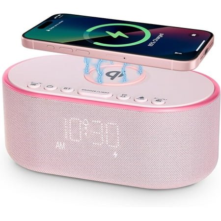 Wireless Charging Alarm Clock Radio: Qi Certified Fast Wireless Charger for iPhone - 10W Stereo Bluetooth Speaker - Dimmable Digital Clock with FM Radio for Bedroom Pink