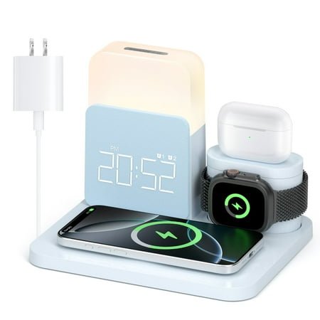 Wireless Charging Station 7 in 1 for iPhone 16/15/14/13/12 Pro Max, Apple Watch & AirPods with Mag-Safe, Alarm Clock, Night Light Blue