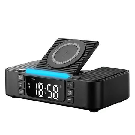 Wireless Charging Station with Bluetooth Speaker, Alarm Clock, FM Radio, Night Light, Phone Holder, Adjustable Display
