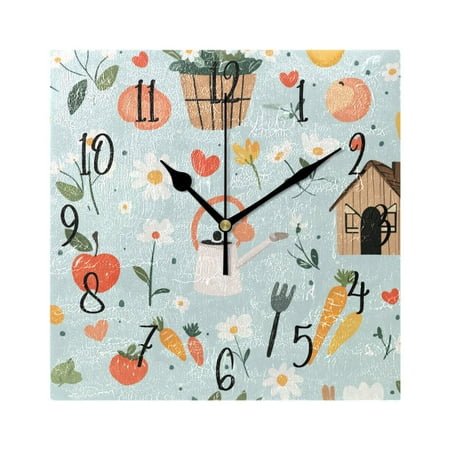 WOBOGO Log Cabin Apple Carrot Pattern Wall Clock 7.78 Inch Battery Operated Silent Unit Square Rustic Vintage Style for Home Bedroom Office Black Pointer