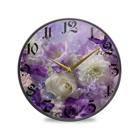 WOBOGO Purple Butterfly Floral Acrylic Wall Clock Battery Operated 11.9in Silent No Tick Bedroom Living Room Office Classroom Decoration