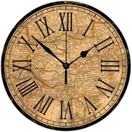 Wooden Wall Clock Old World Map Design Silent Big Numbers 10-Inch Round Wood Wall Decor Distressed Finish