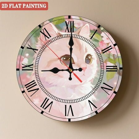 Wooden Wall Clock with Cherry Blossom - Themed Pink Cat Illustration, Silent Movement, Battery Operated (AA Batteries Not Included), Artistic Home Decor, 10×10inch (25×25cm)
