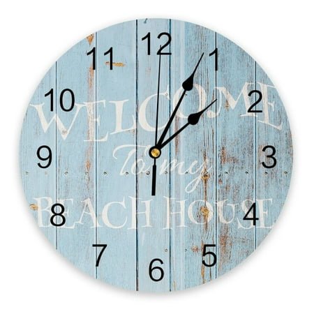 Wood Grain Blue Text Beach Bedroom Wall Clock Large Modern Kitchen Dinning Round Wall Clocks Living Room Watch Home Decor（10 Inch）