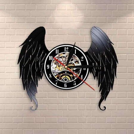YanGxx Elegant Angel Wings Home Art Decor Wall Clock Angels Vinyl Record Wall Clock Guardian Angel Baby Room Nursery Silent Wall Watch