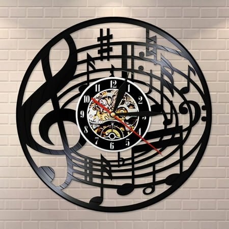 YanGxx Music Notes Wall Art Treble Clef Vinyl Record Wall Clock Hanging Sheet Music Art Vintage Watch Rock n Roll Music Lover Gift