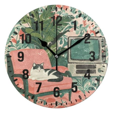 Yayeee 10 Wall Clock Battery Operated Quartz Round Silent Non-Ticking Home Decor,Pink and White Cat