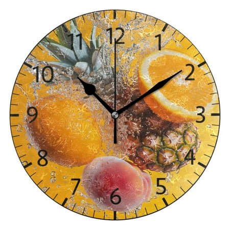 YAZAOO Decorative Wall Clock Size：25cm Pineapple Orange with Water Splash Design Pattern Clock