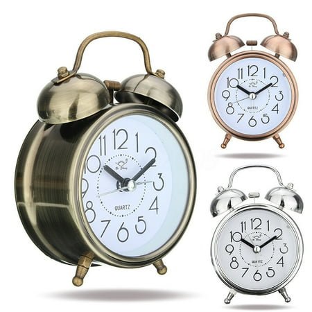 Yesbay Classic Silent Double Bells Quartz Movement Bedside Table Retro Mini Alarm Clock,Alarm Clock-Silver