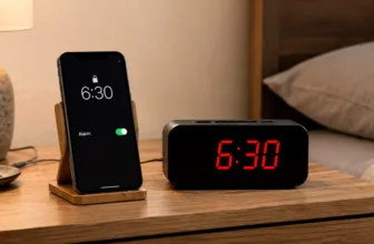 Phone Alarm vs Alarm Clock Comparison Smartphone and standalone alarm clock on a nightstand for comparison phone alarm vs alarm clock