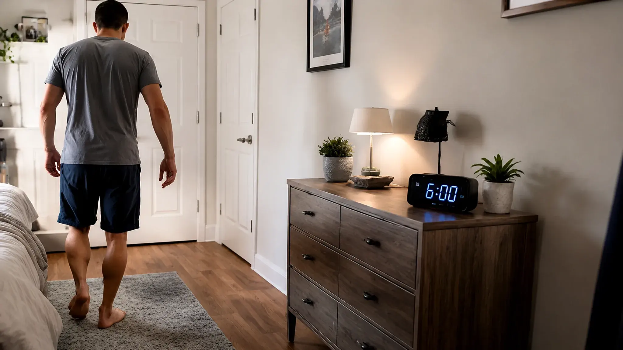 Alarm clock positioned to discourage snoozing and encourage movement