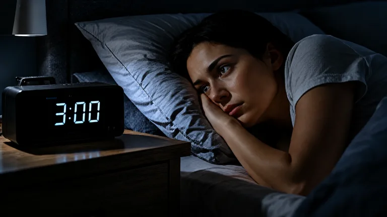 Person awake at night in a dim bedroom with a clock showing a late night hour Person awake at night in a dim bedroom with a clock showing a late night hour - why do i wake up at