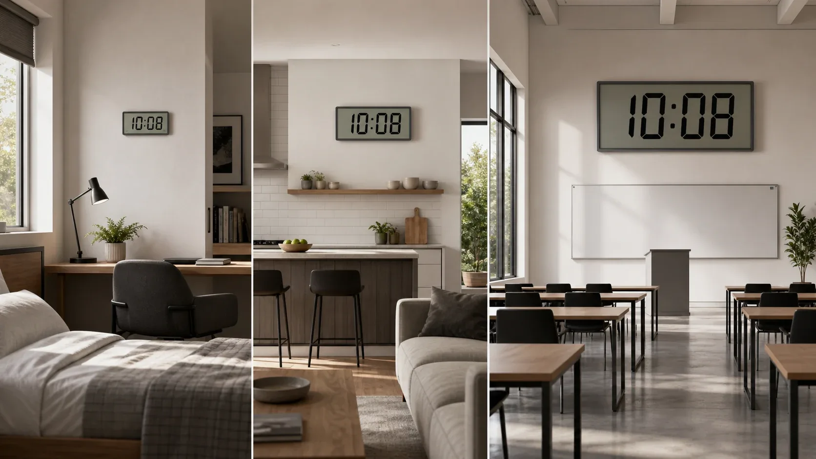 Choose a Digital Clock for the Viewing Distance Three room illustration comparing compact, medium, and jumbo LCD clock readability image
