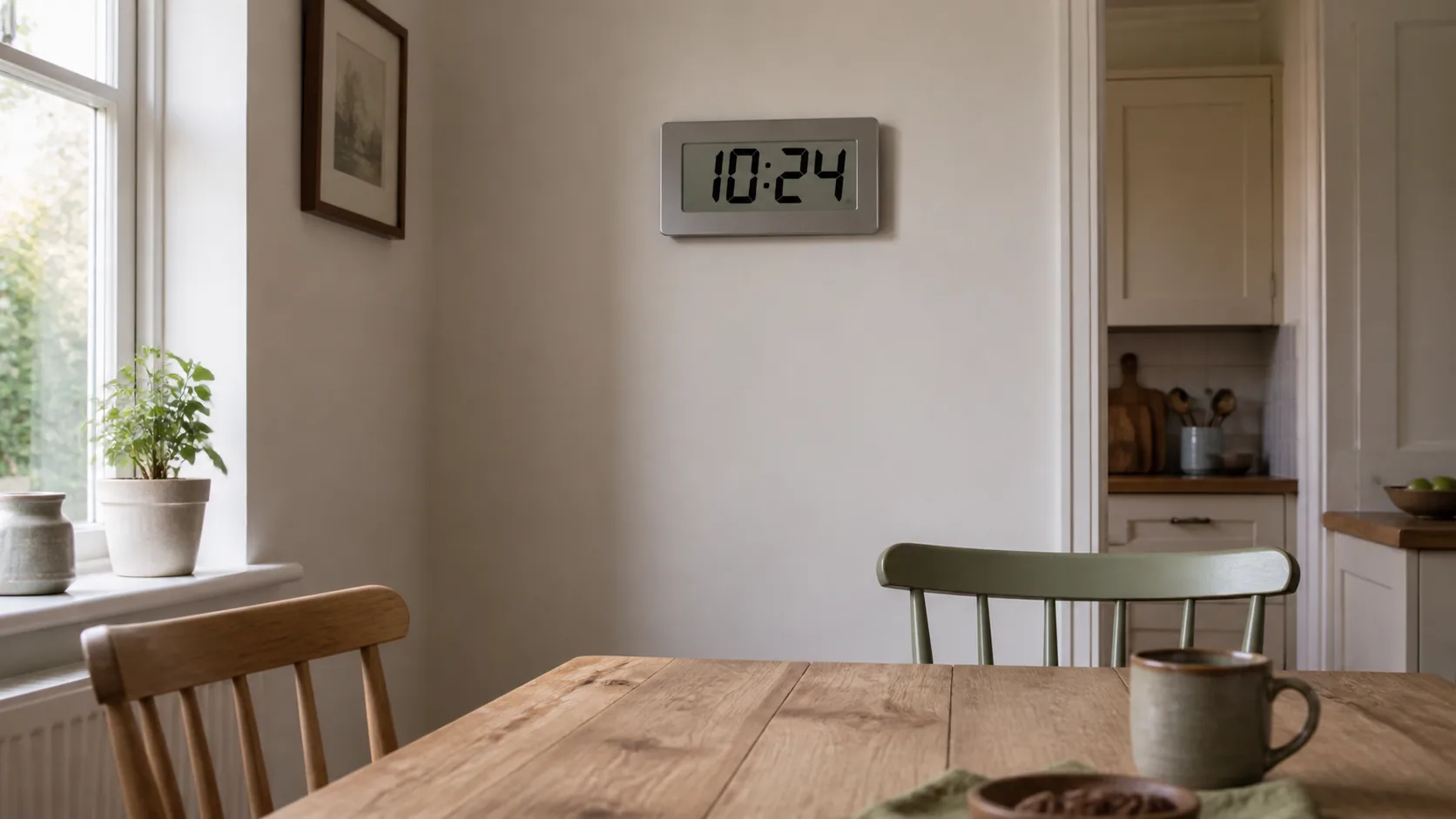 Unbranded LCD wall clock viewed from a dining table in natural daylight image