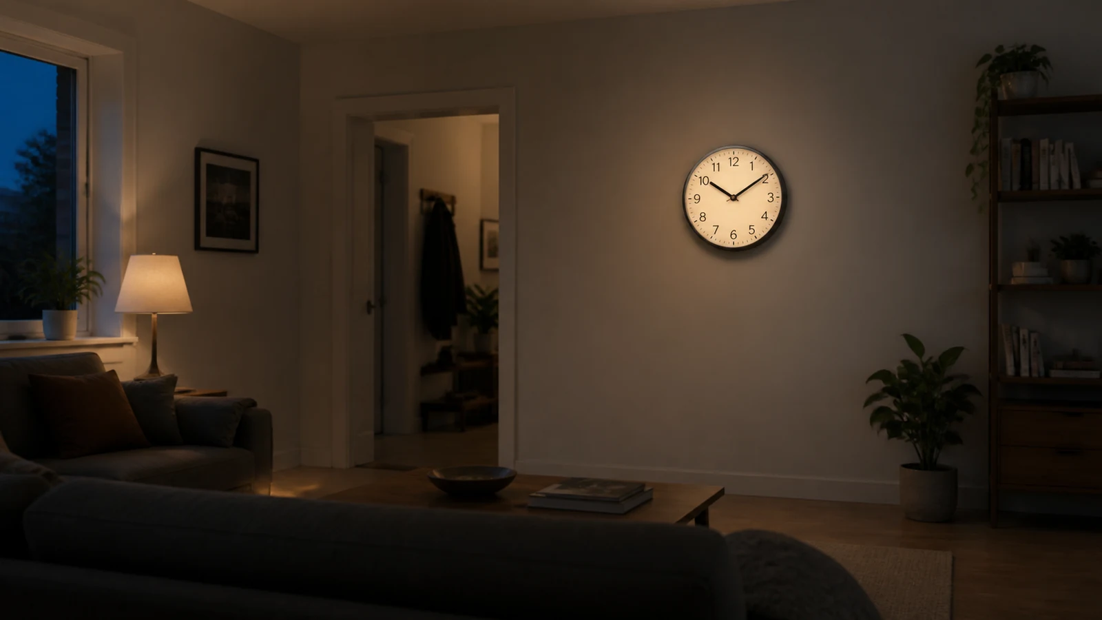 Illuminated Wall Clock in a Real Dusk Viewing Context An illuminated analog wall clock viewed across a dim living room at dusk image