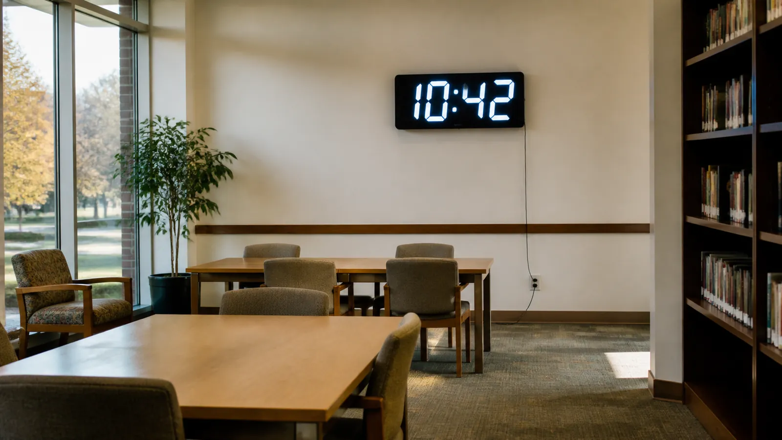 Large Digit Wall Clock Across a Real Room Sightline Unbranded large digit LED wall clock viewed across a library meeting room image