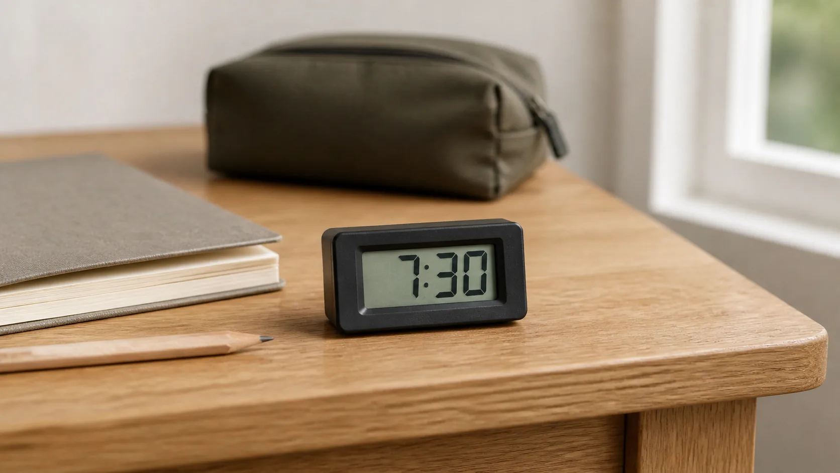 Tiny Digital Clock for Close Range Desk Reading Tiny LCD clock beside a pencil and notebook on a compact desk image