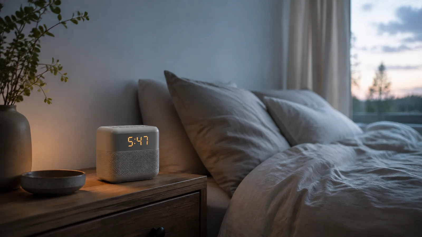 An unbranded alarm clock and sound machine on a bedside table before dawn image