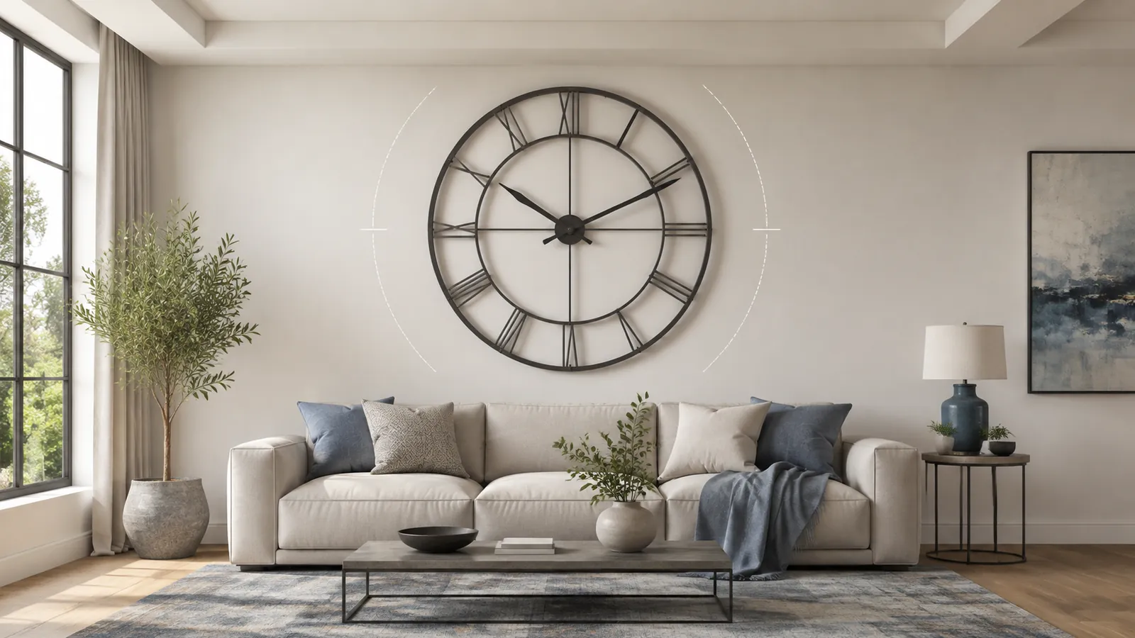 Sizing an Extra Large Wall Clock Above Living Room Furniture Extra large wall clock above a living room sofa with subtle placement guides image