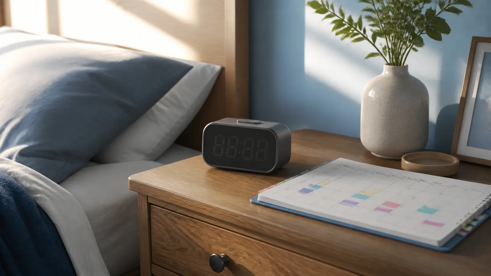 One Clock, Several Weekly Alarm Schedules Unbranded bedside alarm clock beside a weekly planner with several schedule markers image