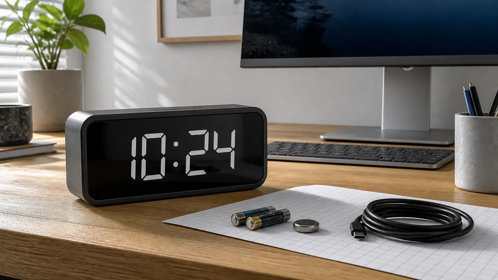 Desktop Digital Clock Display and Power Choices A physical digital desk clock beside AAA cells, a coin cell, and a USB C cable image