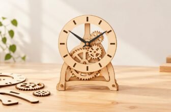 Illustration of a wooden clock kit with visible gears and loose parts wooden clock kit editorial