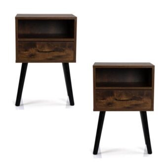 1-Drawer Rustic Brown Set of 2 Mid-Century Wood Nightstand with Shelf (15.75...