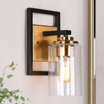 1-Light Brass Gold Modern Indoor Wall Sconce, Black Bathroom Vanity Light, Cylinder...