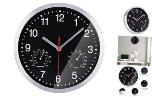 10-inch Atomic Wall Clock with Hygrometer and Thermometer - Radio Wave Black