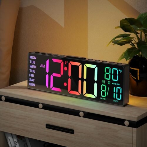 10.5-inch digital alarm clock timer with full-color RGB lighting and date