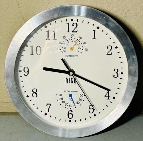 10” HITO Silent Wall Clock & Weather Station Temp & Hygro Thick Metal Frame