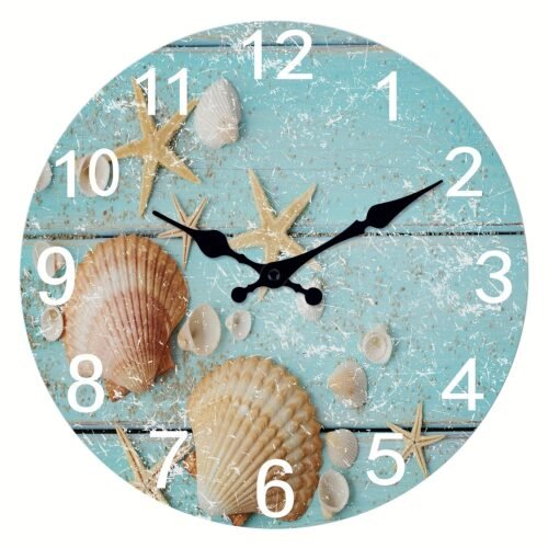 10 inch beach themed shell Starfish Blue wooden wall clock Quiet motion