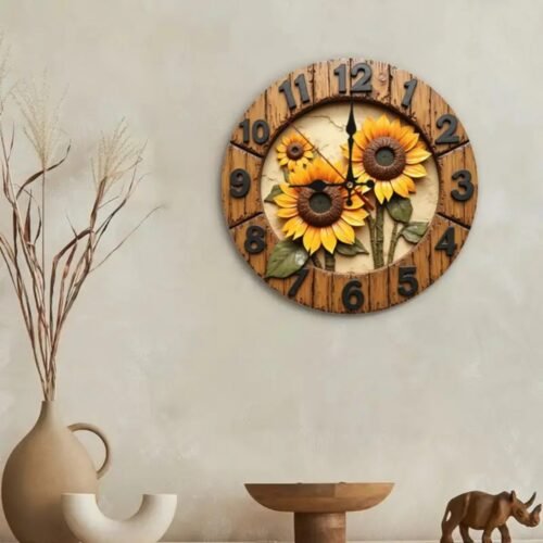 10 inch large yellow sunflower clock，wooden silent wall clock non ticking 2025