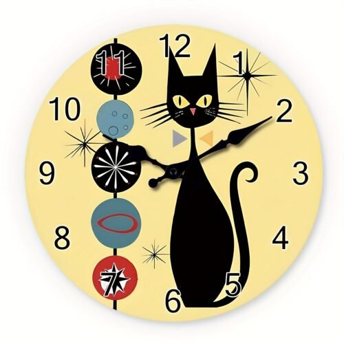 10 Inch Medieval Atomic Age Black Cool Cat Wooden Wall Clock,Silent