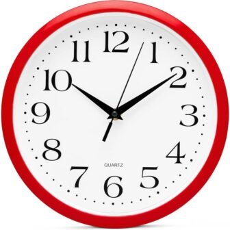 10 in. Round Red Analog Plastic Frame Non Ticking Wall Clock Battery...
