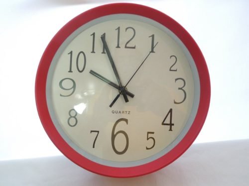 10" Round Quartz Wall Clock Red & White w/ Black Numbers & Hands and Glass Lens