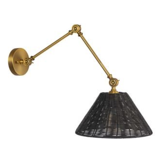 11.8 in. 1-Light Antique Brass Finish Adjustable Wall Sconce with Black Rattan...