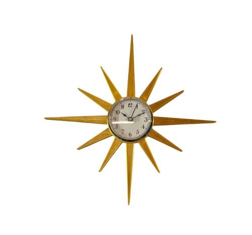 11x11" Mid-Century Modern Gold Sunburst Wall Clock Retro Atomic Starburst Design