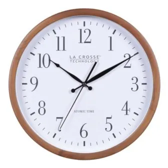 12 . 8 In. Pine Wood Atomic Analog Wall Clock in Walnut photo 12 . 8 In. Pine Wood Atomic Analog Wall Clock in Walnut featured image