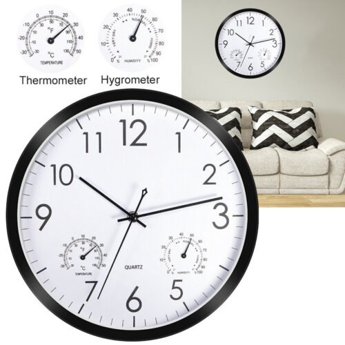 12''Analog Wall Clock Large Quartz Silent Indoor Outdoor W/ Temperature Humidity