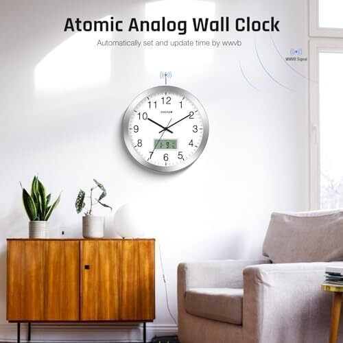 12" Atomic Analog Wall Clock with Digital Date, Week, Indoor Temp - Battery