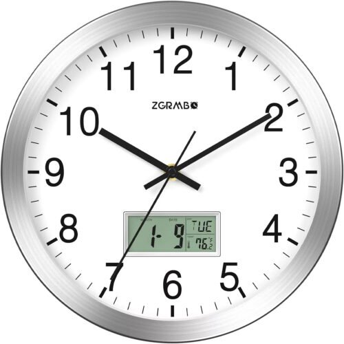 12" Atomic Analog Wall Clock With Digital Date Week Indoor Temp Battery Operated