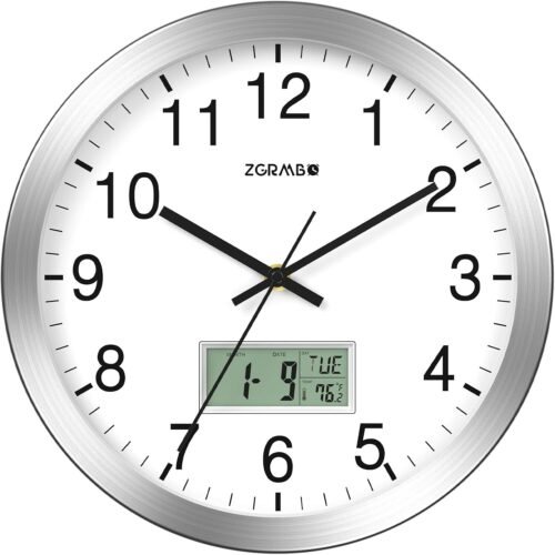 12" Atomic Analog Wall Clock with Digital Date, Week, Temp - Battery Operated