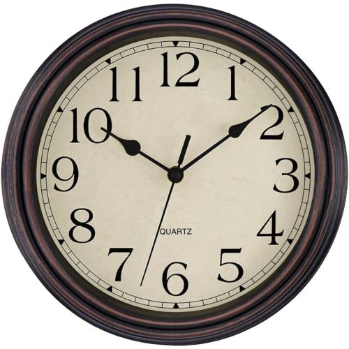 12 Inch Bronze Wall Clock Non Ticking Vintage Style Large Numbers Easy to Hang