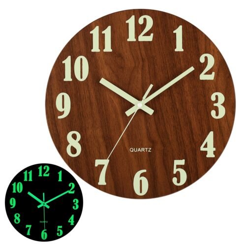 12 inch dark brown wooden glow in the dark clock, Vintage Tuscan style, silent