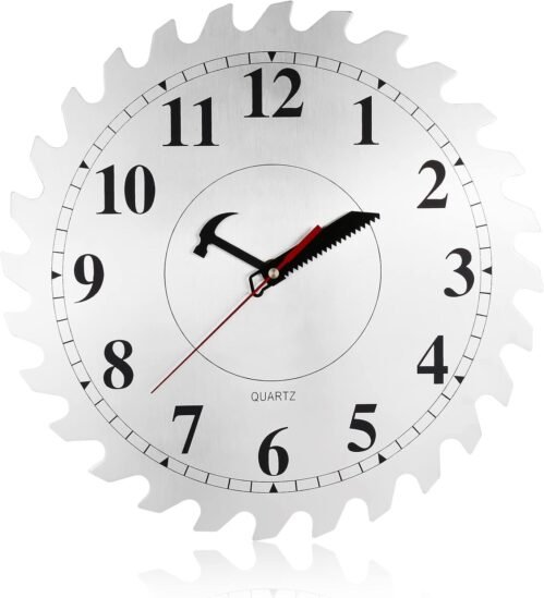12 Inch Metal Wall Clock with Circular Saw Blade Dial, Handsaw and Silver
