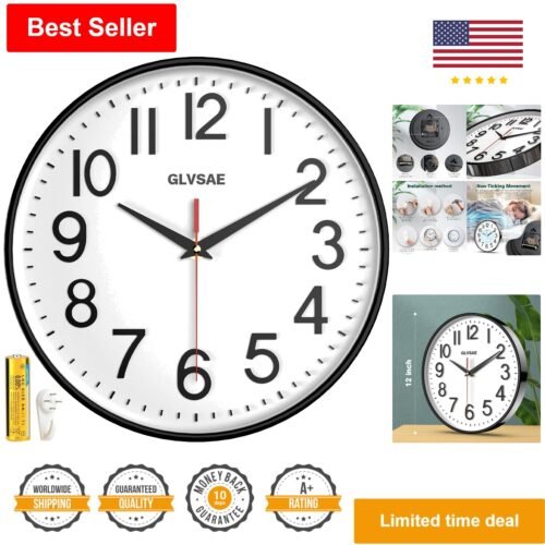 12 Inch Non-Ticking Wall Clock - Ultra-Quiet Movement - Easy to Read Stereosc...