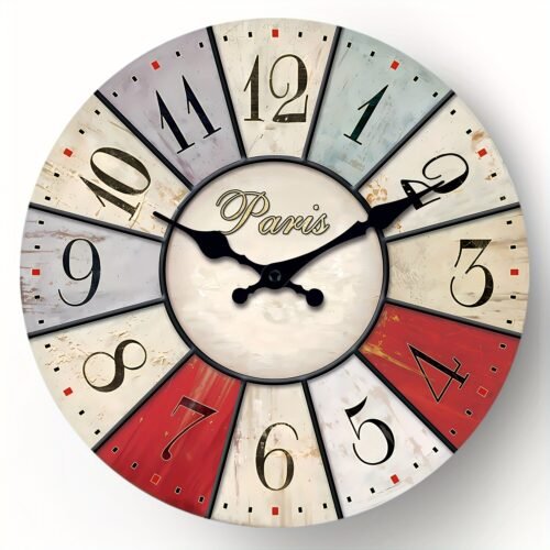 12 inch Paris retro farmhouse wall clock,wooden, silent ,battery operated